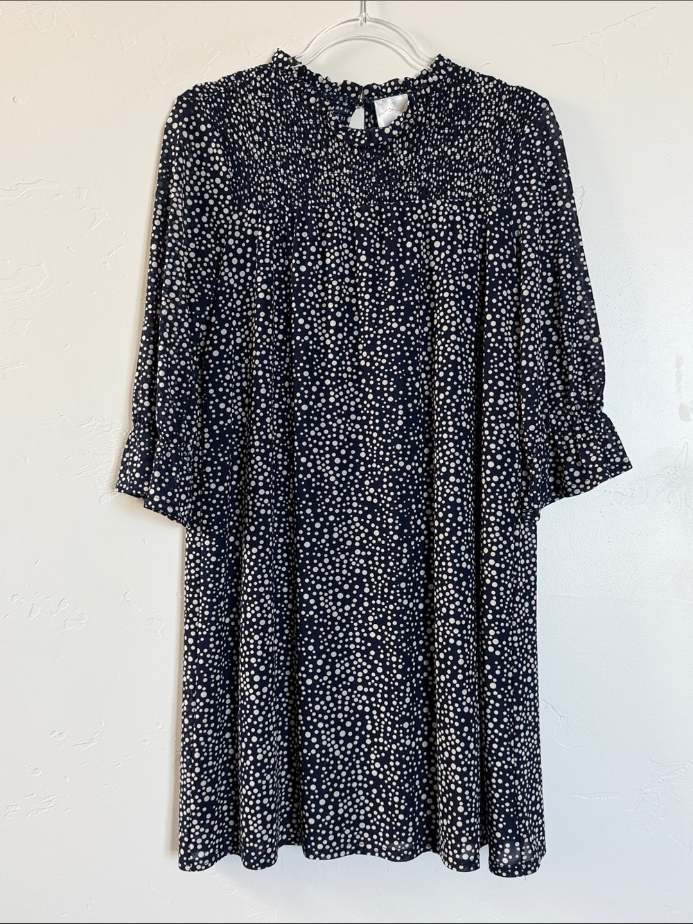 Navy and White Polka Dot Long Sleeve Smocked Dress